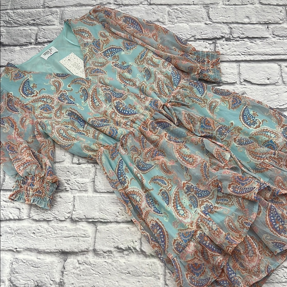 NWT Sienna Sky XS Paisley Faux Wrap Dress Mini Chiffon Blue Peach Paisley